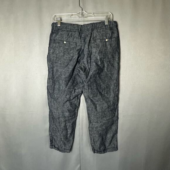 Women's Allen Allen Navy Blue 100% Linen Cuffed Ankle Crop Drawstring Pants- S - Picture 3 of 8